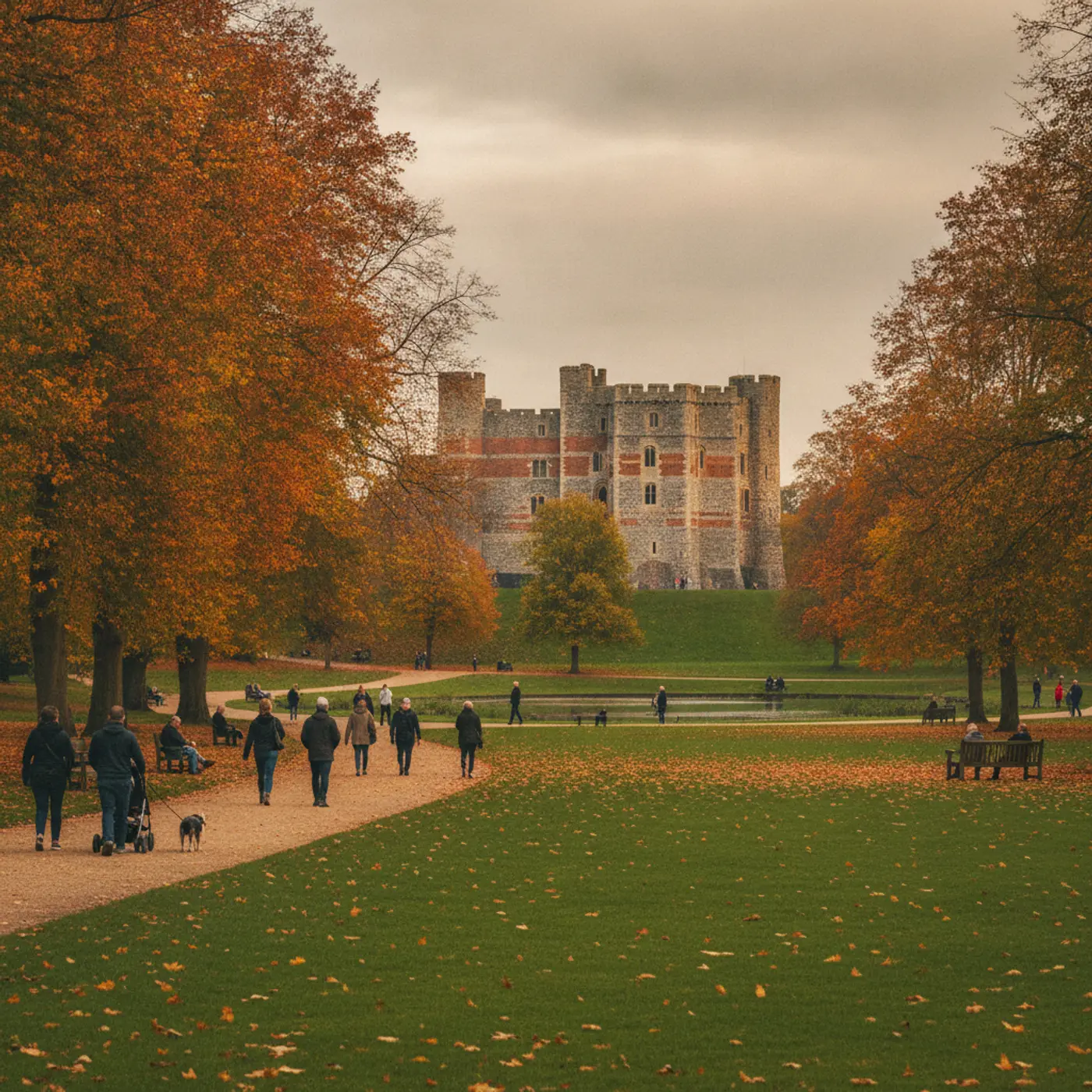 Castle Park in Colchester in autumn, with the Norman castle keep and its bands of reused Roman brick